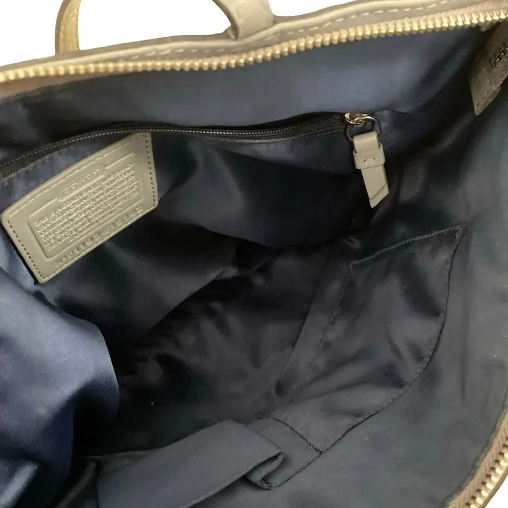 Coach Signature Stripe Patent Leather Tote Shoulder Bag Taupe Grey F15142